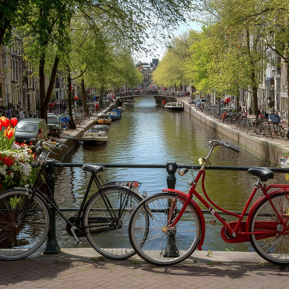 Hollandfahrräder an Grachtenbrücke