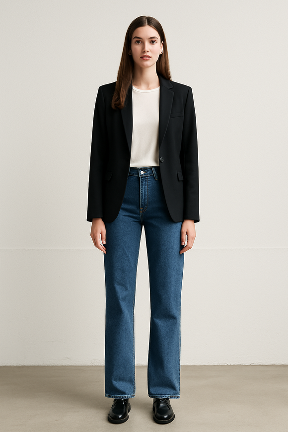 Große Frau trägt eine Jeans mit Überlänge und Blazer – Mode für Damen ab 1,75 m bei LangeHosen.de