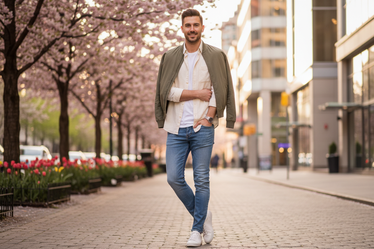 COOLER MANN MIT ENGER JEANS IM FRÜHLINGSLOOK