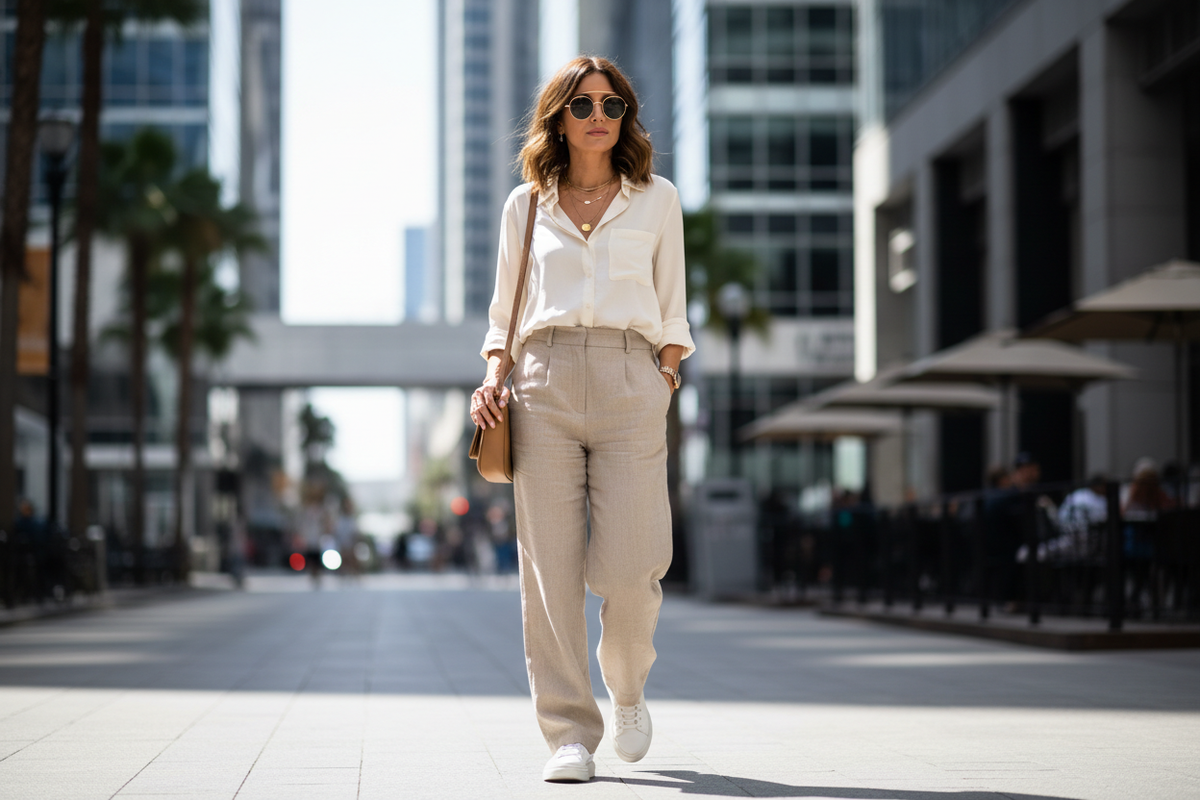 FRAU MIT BEIGER HOSE AUF DER STRAßE