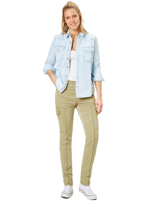 PADDOCK'S - PINA Cargo Jeans, Slim Fit, Capulet Olive, Khaki, High Waist, Länge 34 - L34 - Länge 36 - L36 - Länge 38 - L38 - Länge 40- L40 - vorne - Ganzkörper - Vorderansicht 
